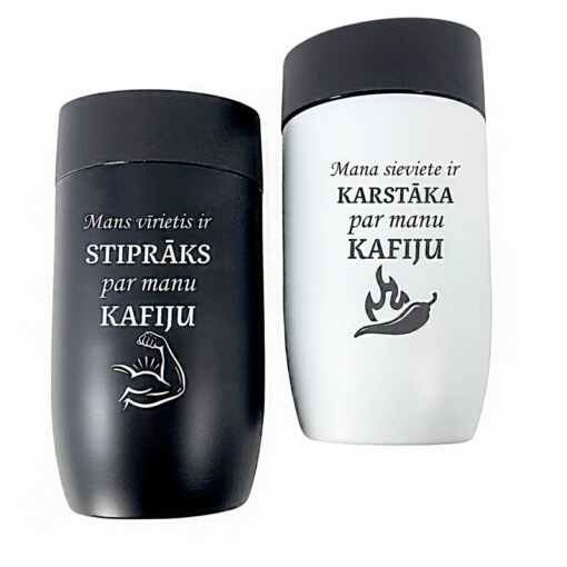 2 Termokrūzes Air Gifts 330 ml"Mans vīrietis ir stiprāks par manu kafiju. Mana sieviete ir karstāka par manu kafiju"